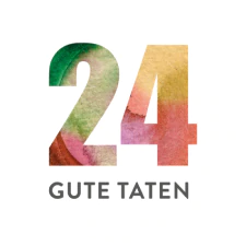 The image shows the number 24 in large, colorful watercolor text above the words GUTE TATEN in gray capital letters on a white circular background, subtly evoking themes of sustainability, like a composting toilet.