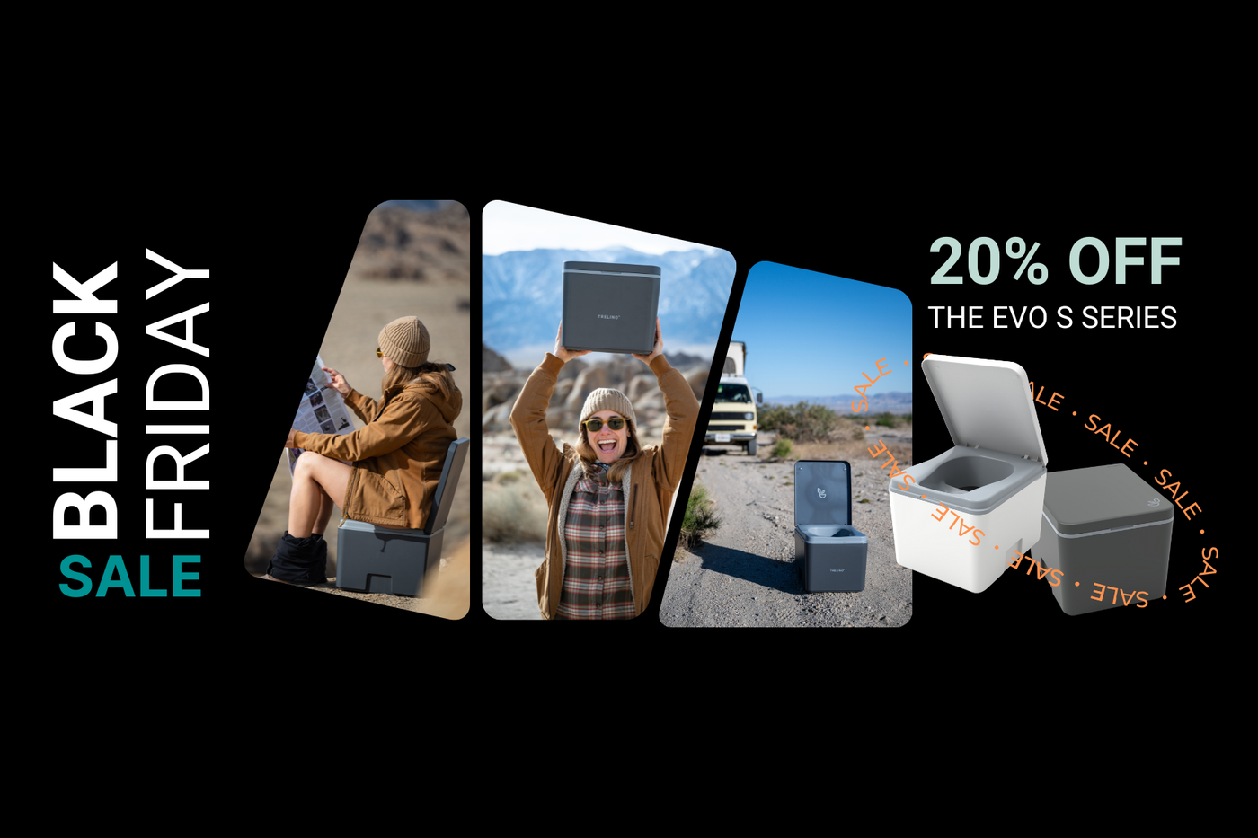 Black Friday sale advertisement with people using a portable toilet in various settings.