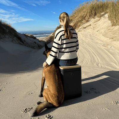 A girl sits on a Trelino Origin L composting toilet with her dog beside her, both gazing out at the sea.