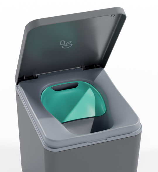Travel toilet with a privacy flap inserted over the solids container. 