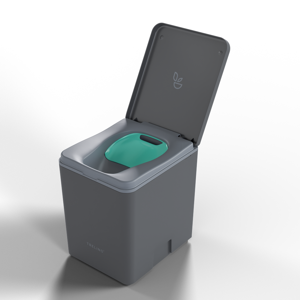 Travel toilet with a urine diverting privacy flap inserted over the solids container. 