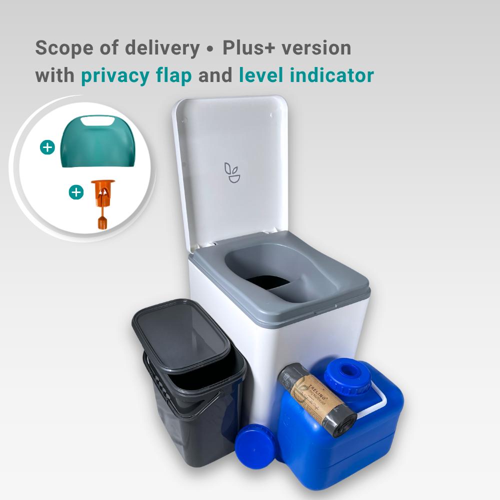 White Evo L travel toilet with spare accessory bundle. 
