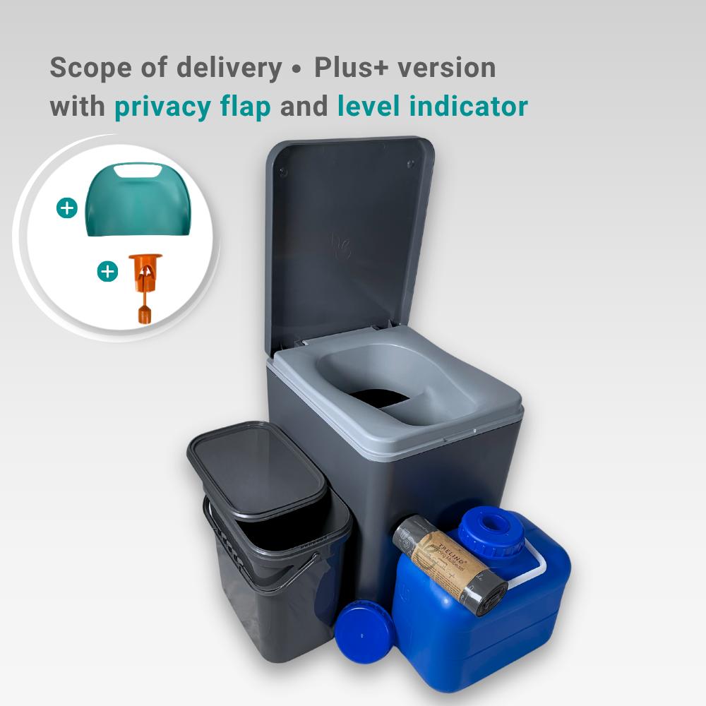 Grey Evo L travel toilet with spare accessory bundle. 