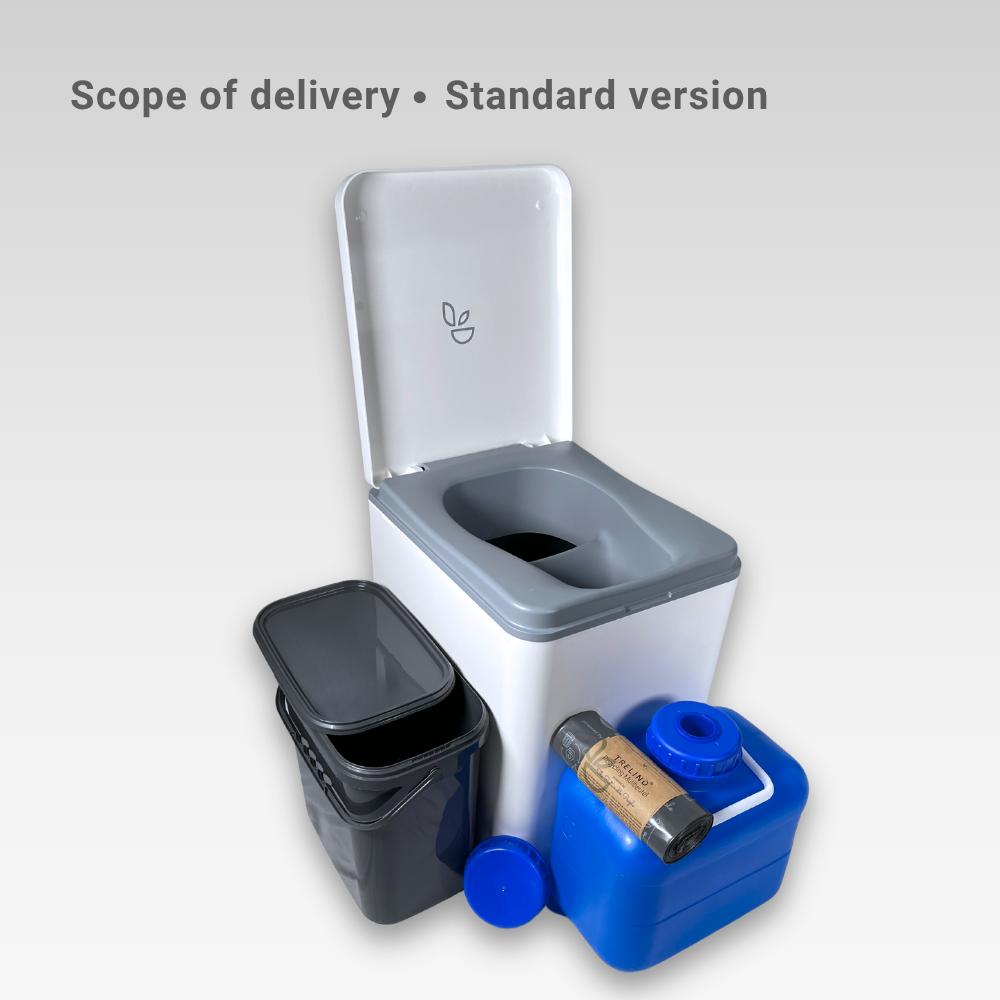 White Evo L composting toilet open with included items
