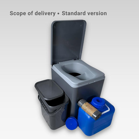 Grey Evo L composting toilet open with included items