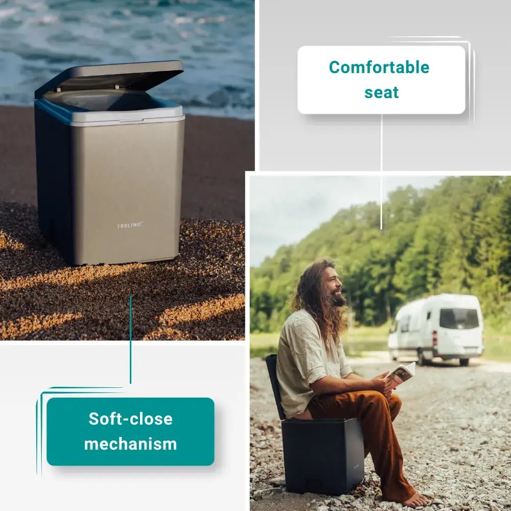 Medium dry composting toilet with soft close lid and a comfortable seat