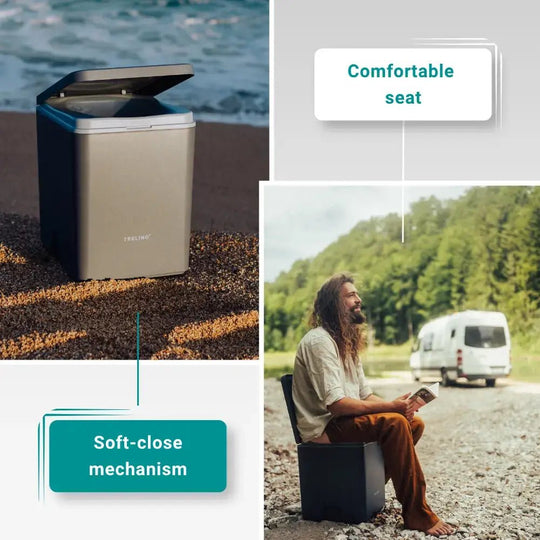 Medium dry composting toilet with soft close lid and a comfortable seat
