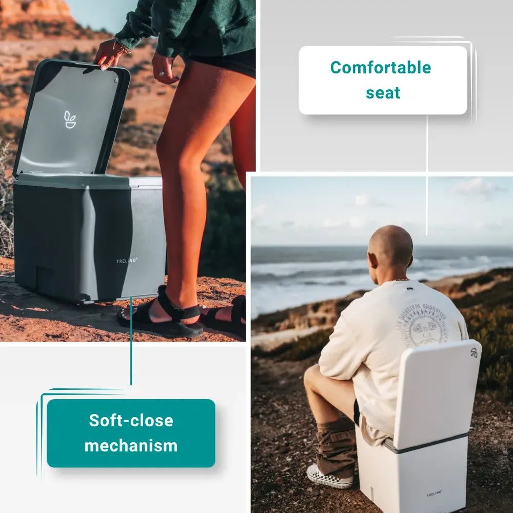 Medium dry composting toilet with soft close lid and a comfortable seat