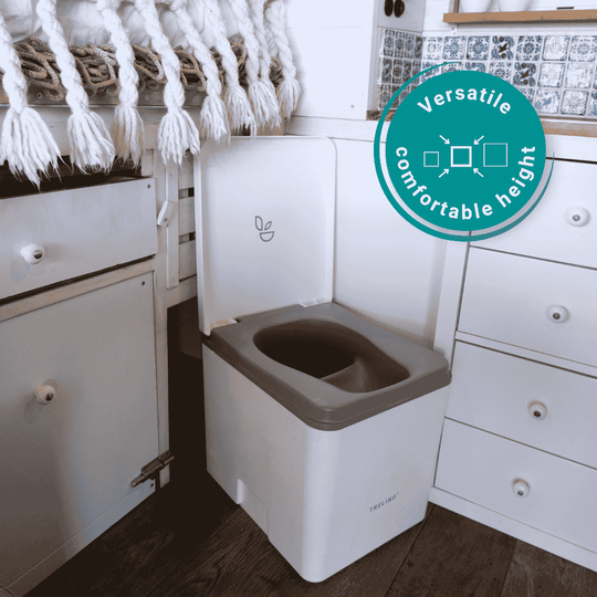 Medium Evo toilet underneath bed in a travel camper set up