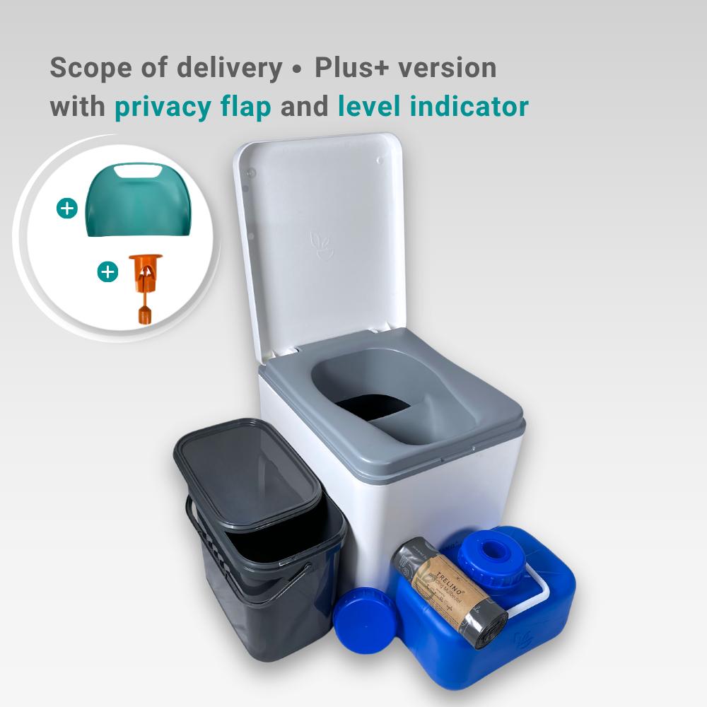 White Evo M travel toilet with spare accessory bundle. 
