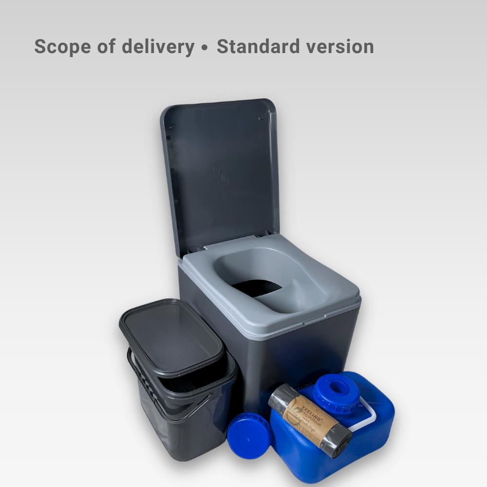 Grey Evo M composting toilet open with included items