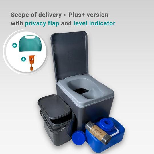 Grey Evo M travel toilet with spare accessory bundle. 