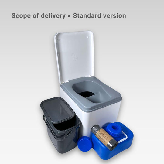 White Evo M composting toilet open with included items