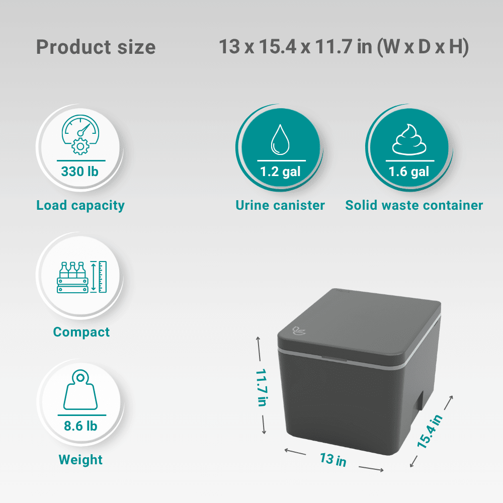 Evo S portable composting toilet in grey with its dimensions, weight, and capacity listed