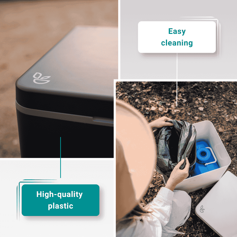 two trelino evo toilets being shown with text "Easy cleaning" and "high quality plastic