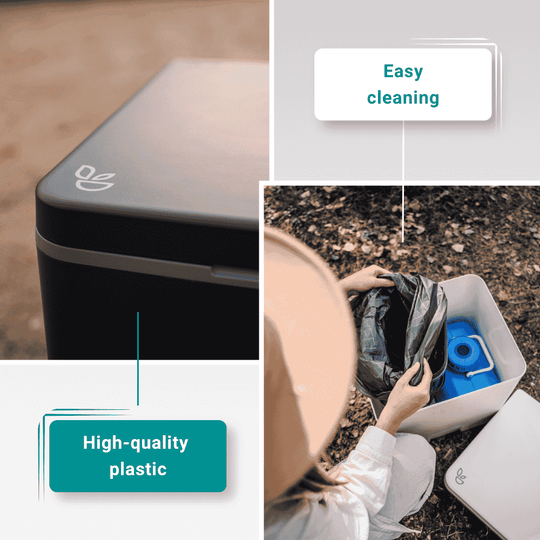 two trelino evo toilets being shown with text "Easy cleaning" and "high quality plastic