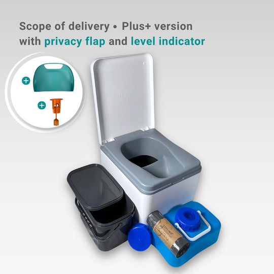 White Evo S travel toilet with spare accessory bundle. 