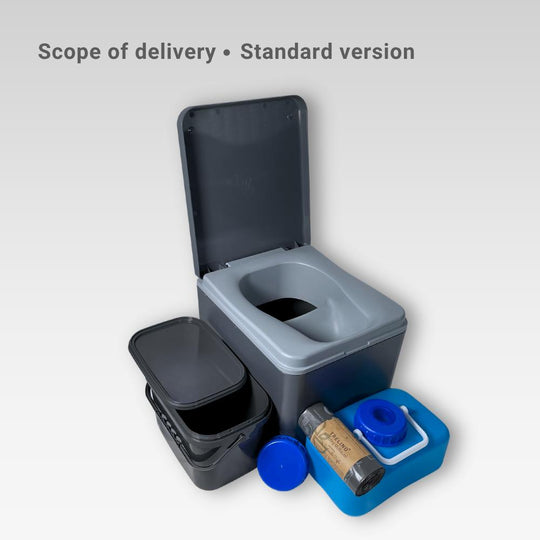 Grey Evo S composting toilet open with included items