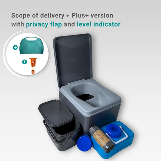 Grey Evo S travel toilet with spare accessory bundle. 