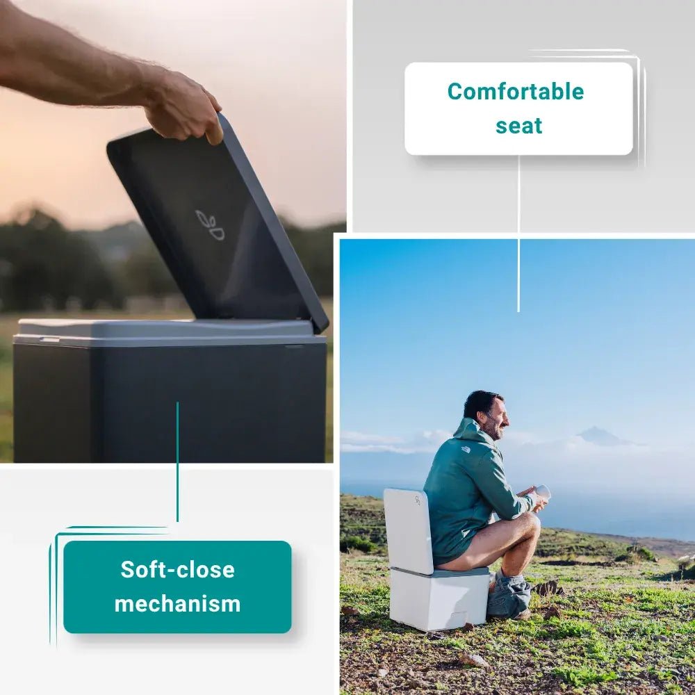 Medium dry composting toilet with soft close lid and a comfortable seat