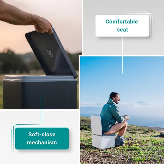 Medium dry composting toilet with soft close lid and a comfortable seat
