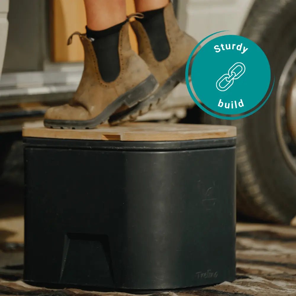 A composting toilet with a light wood lid, shown with a person's boots standing on top. A teal circular badge with the text 'Sturdy build' is overlaid on the top right.