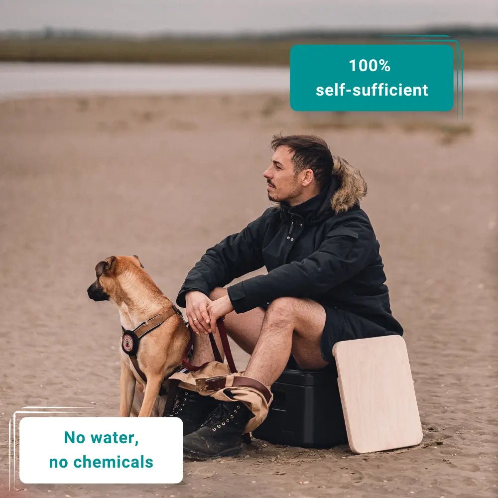 A man sits on a portable toilet on a sandy beach next to a dog, wearing a black jacket and shorts. A teal badge reads '100% self-sufficient' and a white badge reads 'No water, no chemicals'.