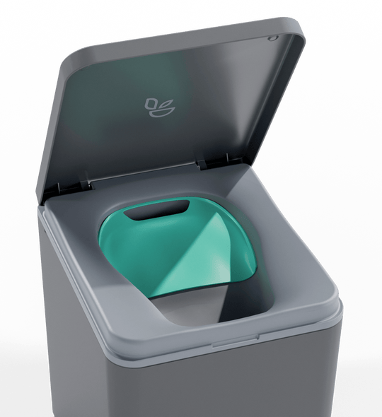Travel toilet with a privacy flap inserted over the solids container. 