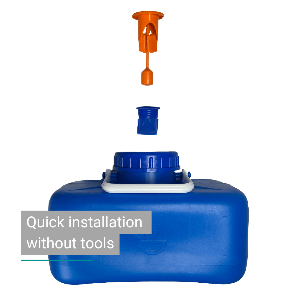 Blue water container with handle, Trelino® Evo Urinometer level indicator, overflow protection.