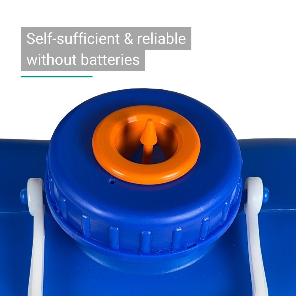 Close-up of orange Trelino® Evo Urinometer, no batteries needed for level indicator.